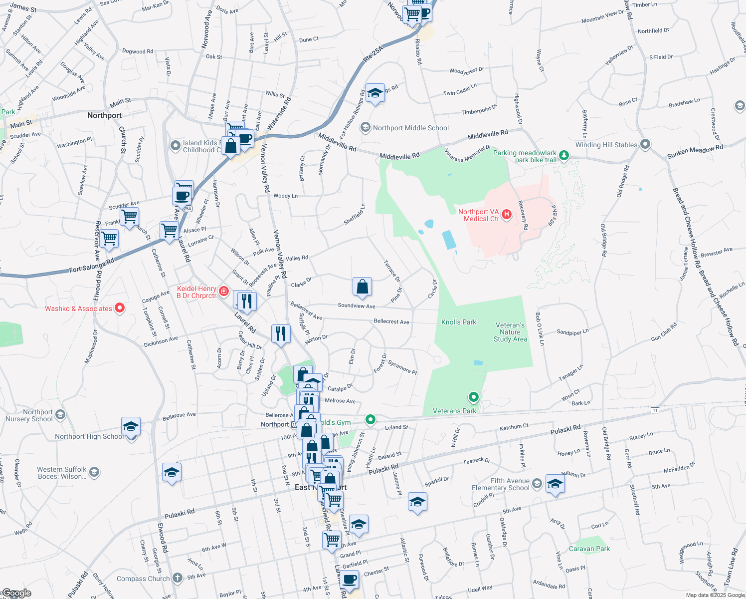map of restaurants, bars, coffee shops, grocery stores, and more near 63 Soundview Avenue in East Northport