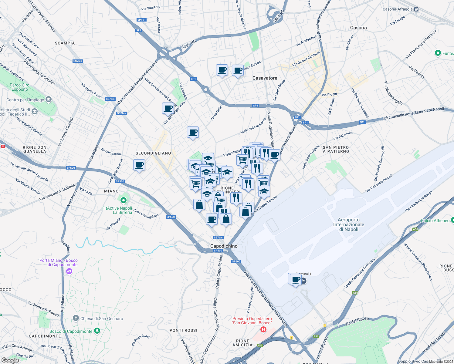 map of restaurants, bars, coffee shops, grocery stores, and more near 26 Via dello Stelvio in Napoli