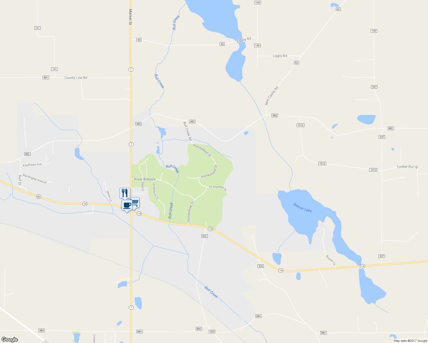 map of restaurants, bars, coffee shops, grocery stores, and more near 232 Homestead Drive in Columbiana