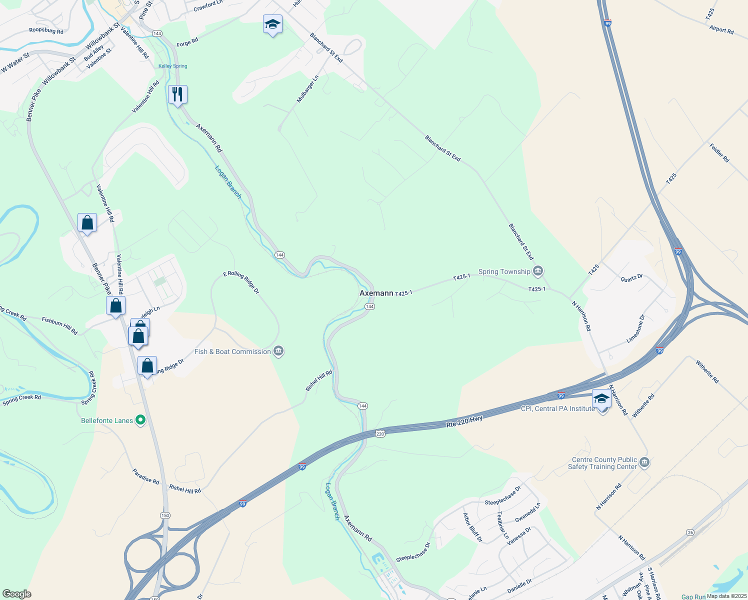 map of restaurants, bars, coffee shops, grocery stores, and more near 454 T425-1 in Bellefonte