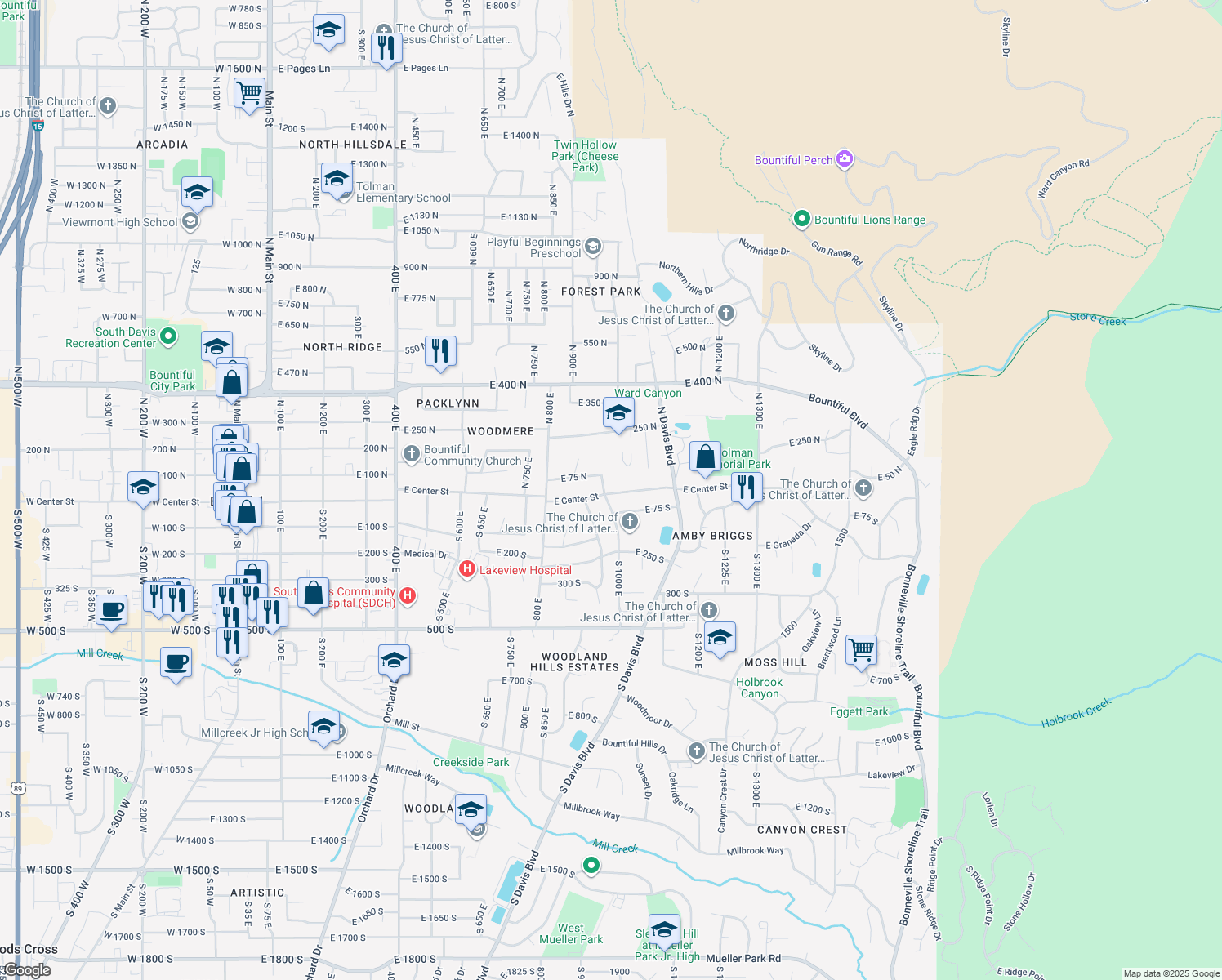 map of restaurants, bars, coffee shops, grocery stores, and more near 1003 E Center St in Bountiful