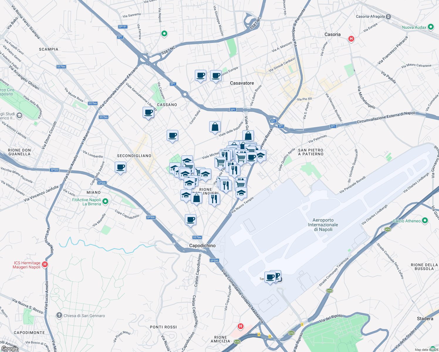 map of restaurants, bars, coffee shops, grocery stores, and more near 168 Via del Monte Faito in Naples