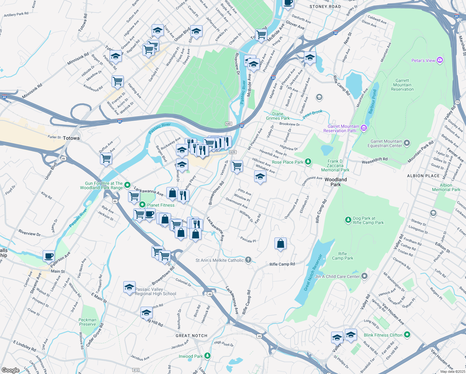 map of restaurants, bars, coffee shops, grocery stores, and more near 425 Mount Pleasant Avenue in Woodland Park