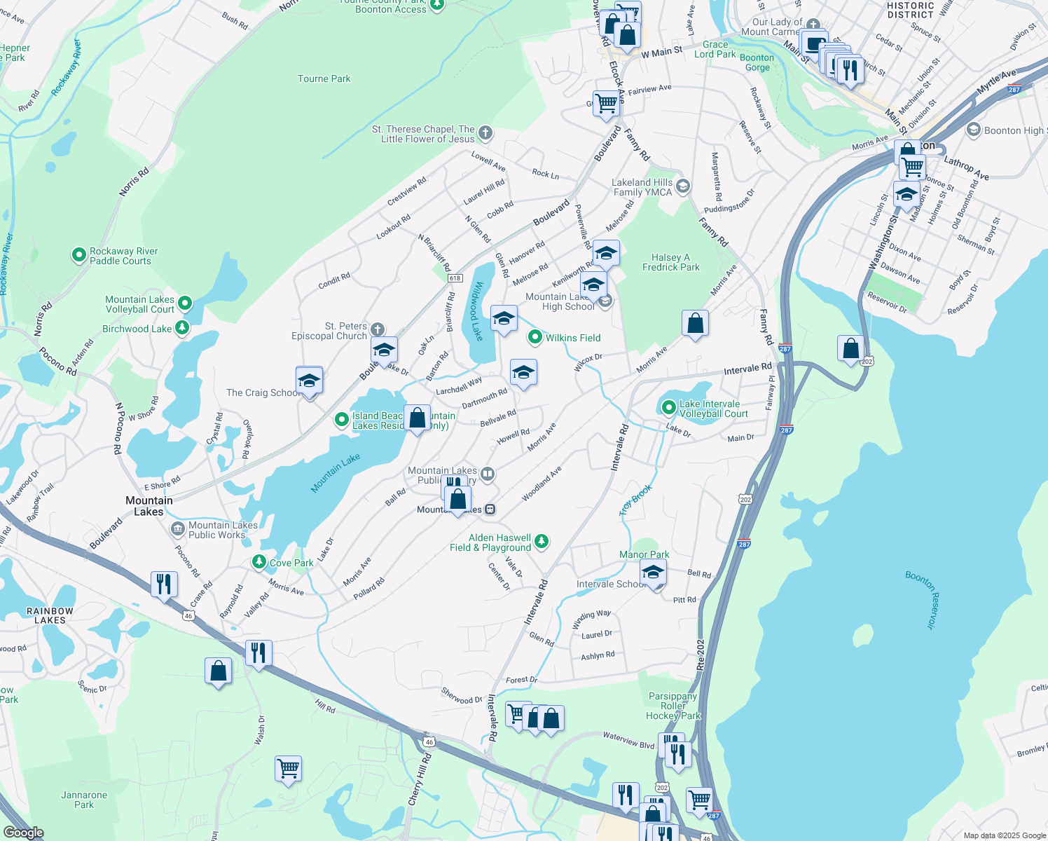 map of restaurants, bars, coffee shops, grocery stores, and more near 99 Briarcliff Rd in Mountain Lakes