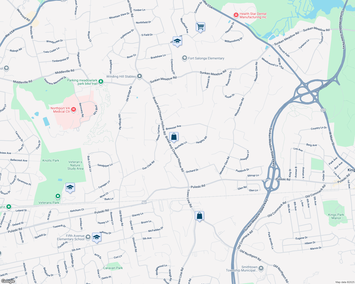 map of restaurants, bars, coffee shops, grocery stores, and more near 269 Bread and Cheese Hollow Road in Northport