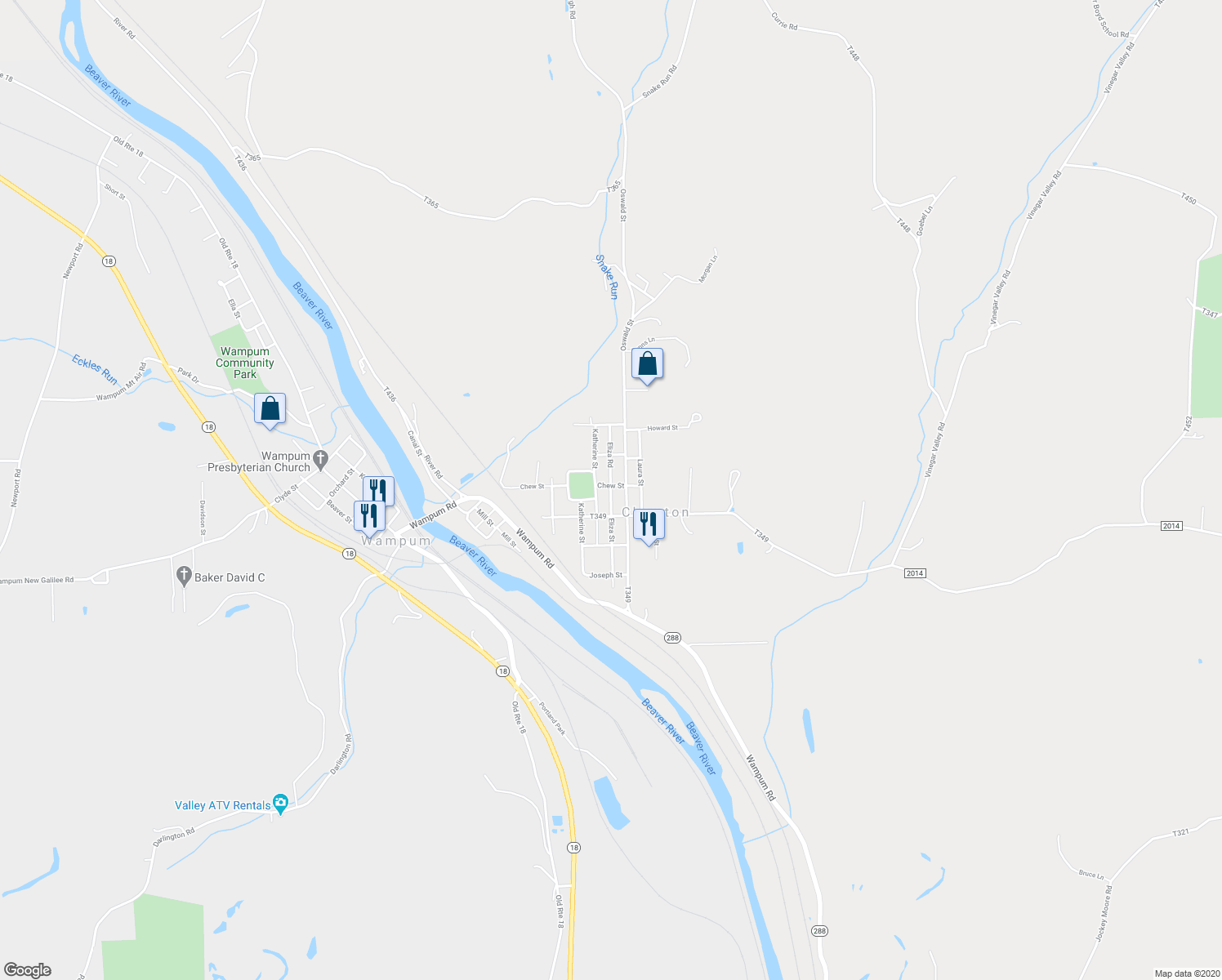 map of restaurants, bars, coffee shops, grocery stores, and more near 481 Eliza Street in Wampum