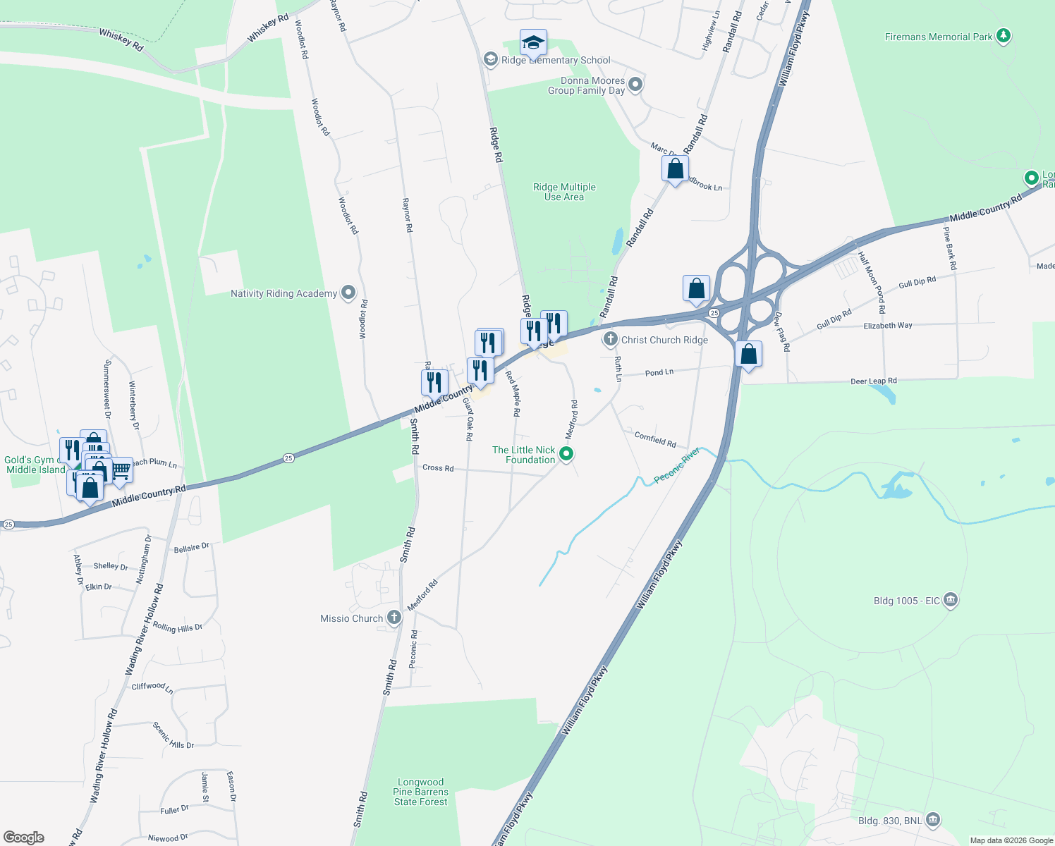 map of restaurants, bars, coffee shops, grocery stores, and more near 23 Red Maple Road in Ridge