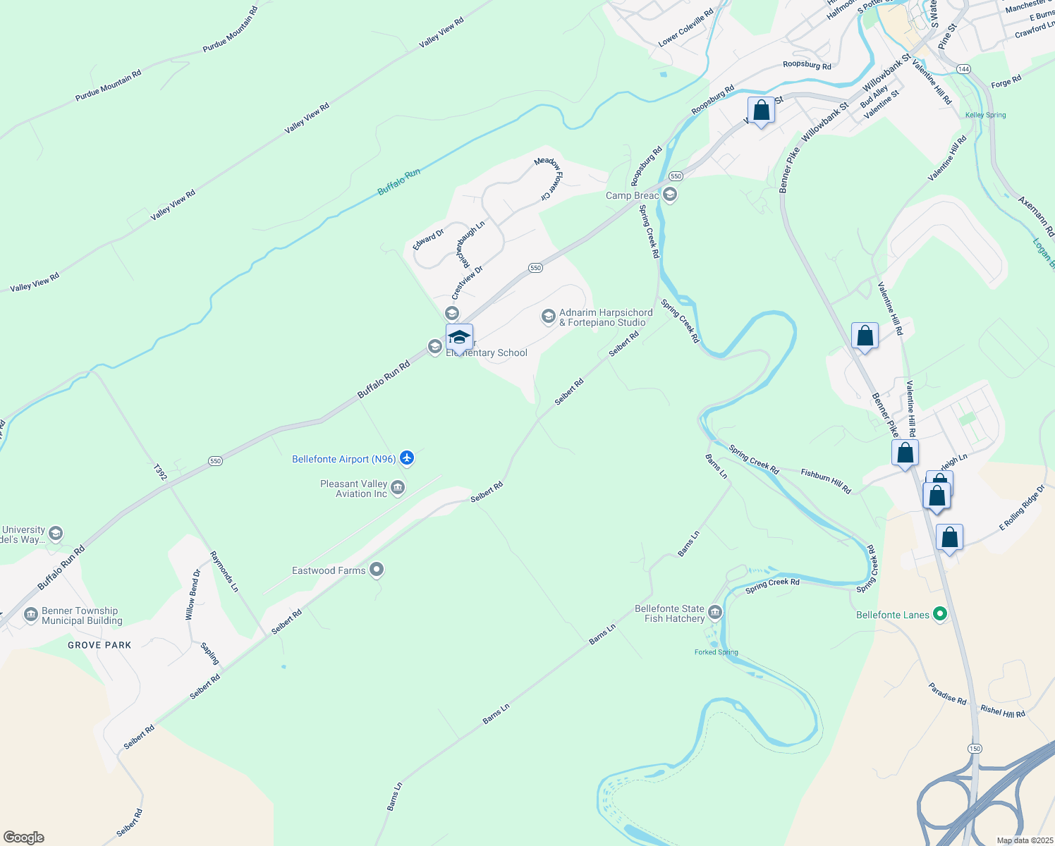 map of restaurants, bars, coffee shops, grocery stores, and more near 565 Seibert Road in Bellefonte