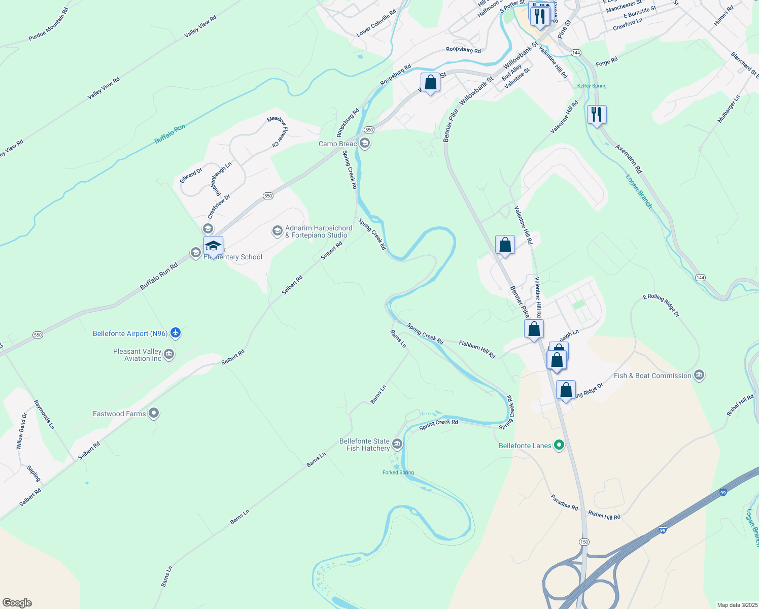 map of restaurants, bars, coffee shops, grocery stores, and more near 499 Spring Creek Road in Bellefonte