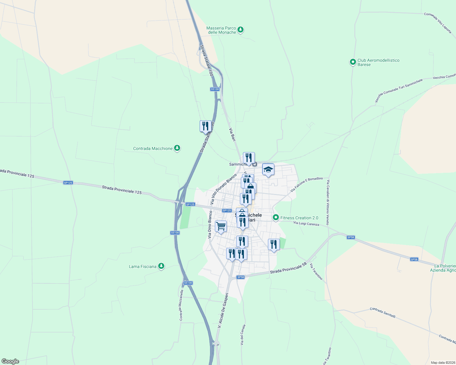 map of restaurants, bars, coffee shops, grocery stores, and more near 17 Via Vito Donato Bianco in Sammichele di Bari