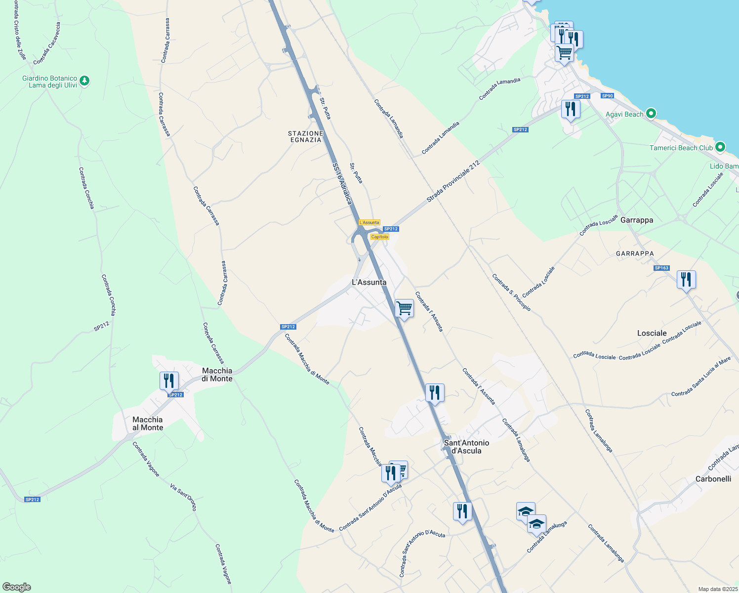 map of restaurants, bars, coffee shops, grocery stores, and more near 76 Contrada Stomazzelli in L'assunta