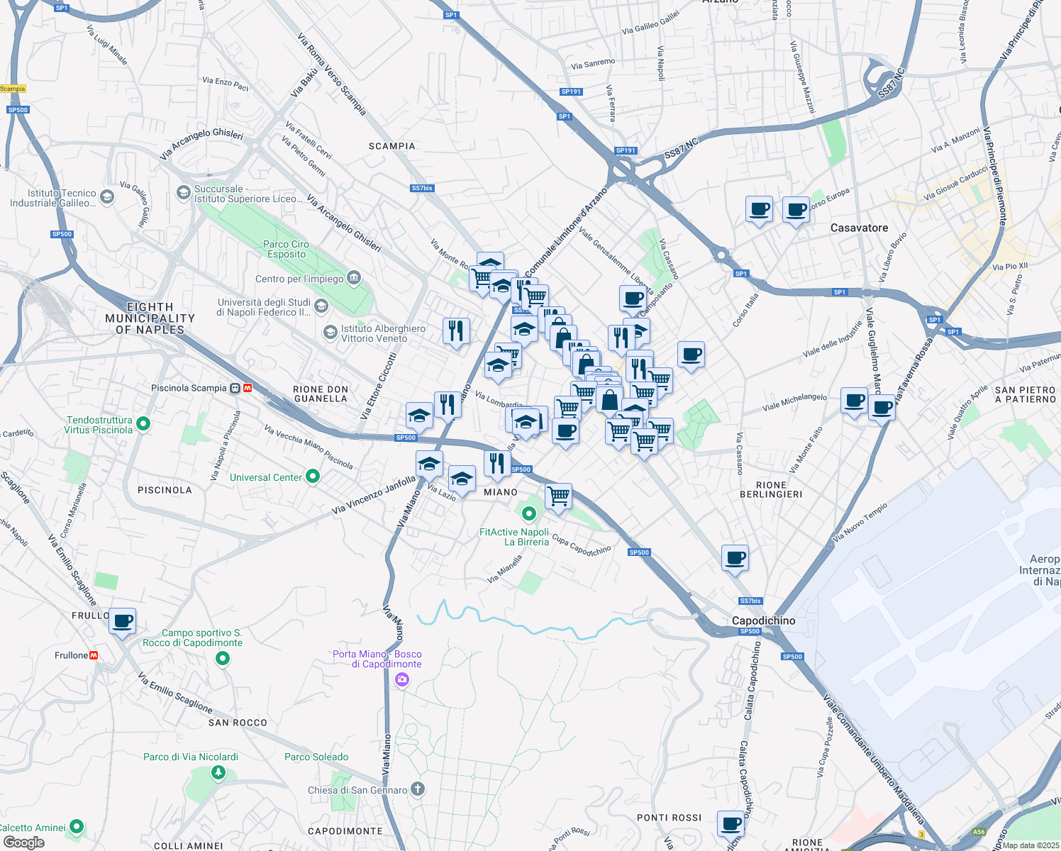 map of restaurants, bars, coffee shops, grocery stores, and more near 62 Via Trentino in Napoli