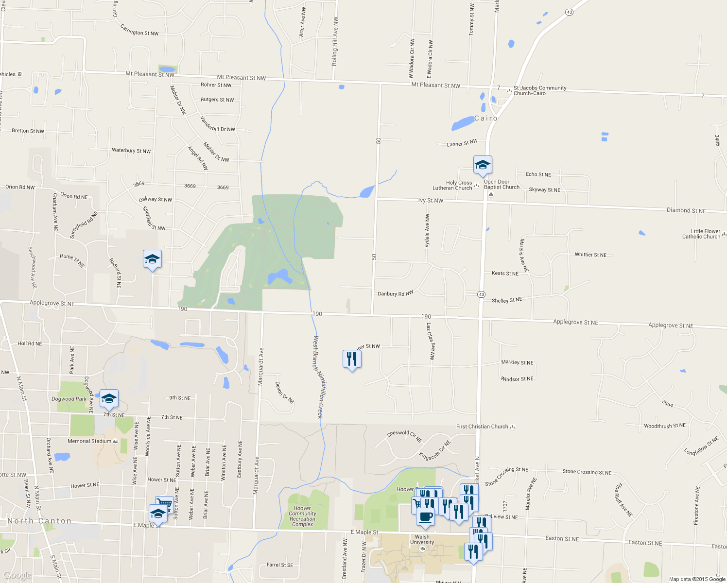map of restaurants, bars, coffee shops, grocery stores, and more near 1540 Windcrest Street Northwest in North Canton