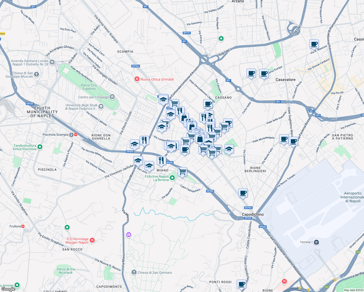 map of restaurants, bars, coffee shops, grocery stores, and more near 10a Via Raffaele Angiulli in Napoli