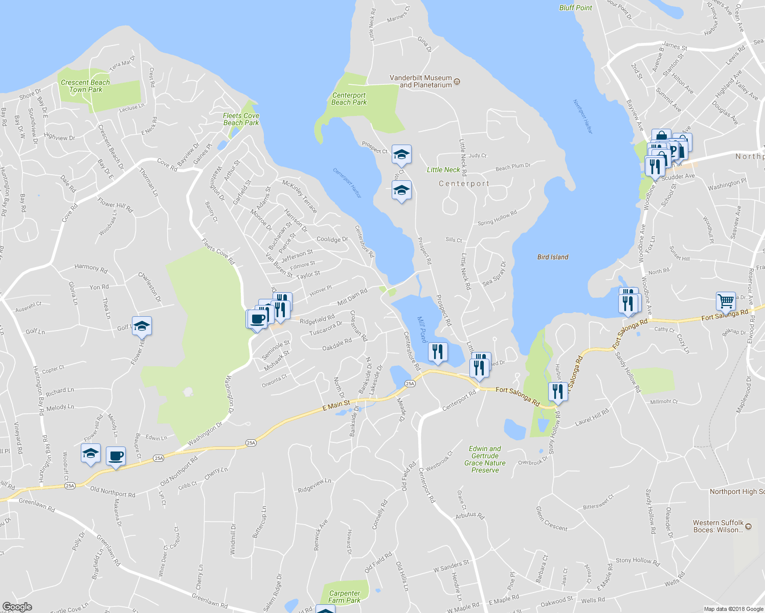 map of restaurants, bars, coffee shops, grocery stores, and more near 68-100 Centershore Road in Centerport