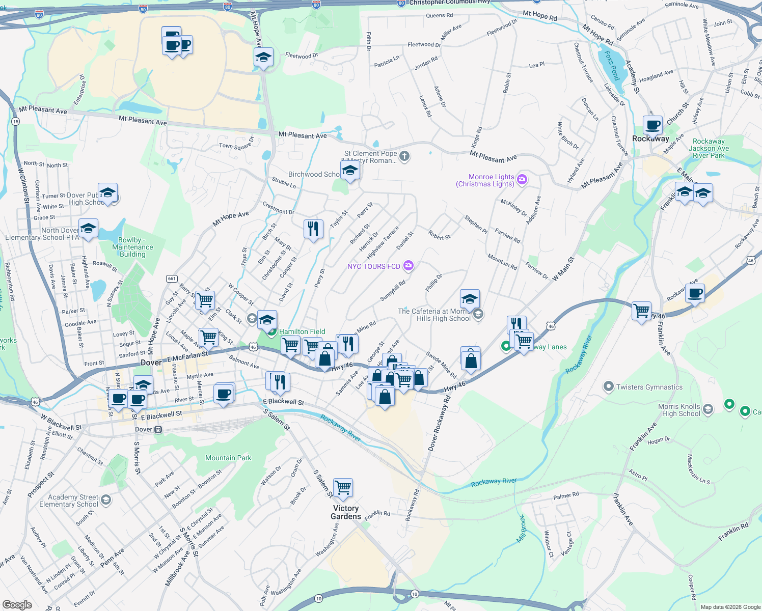 map of restaurants, bars, coffee shops, grocery stores, and more near 10 Sunnyhill Road in Dover