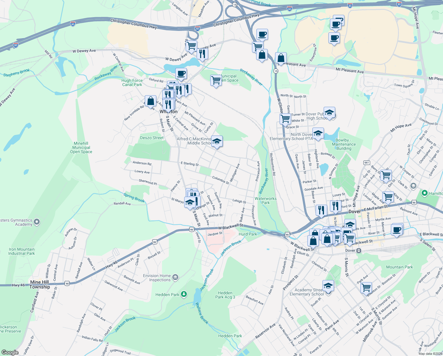 map of restaurants, bars, coffee shops, grocery stores, and more near 28 Columbia Street in Wharton