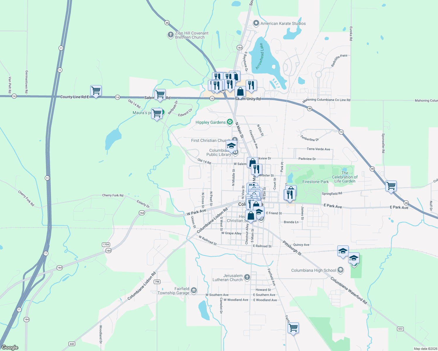 map of restaurants, bars, coffee shops, grocery stores, and more near 155 North West Street in Columbiana