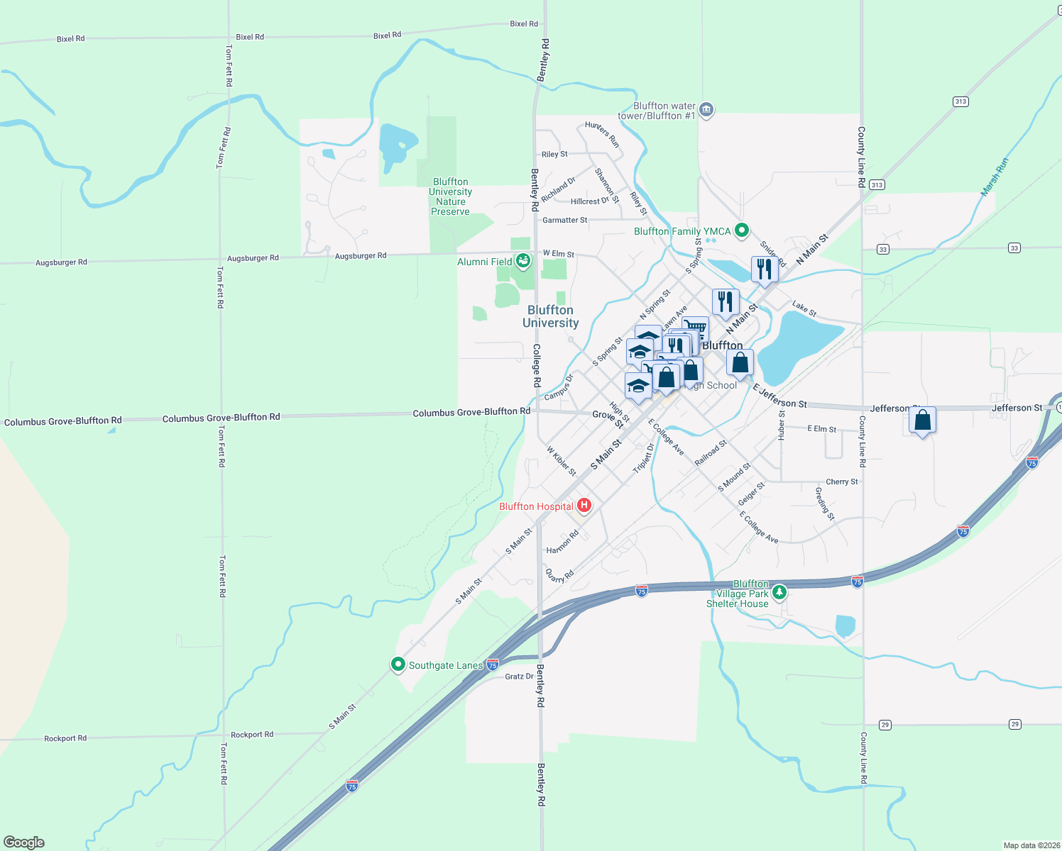 map of restaurants, bars, coffee shops, grocery stores, and more near 183 West Kibler Street in Bluffton