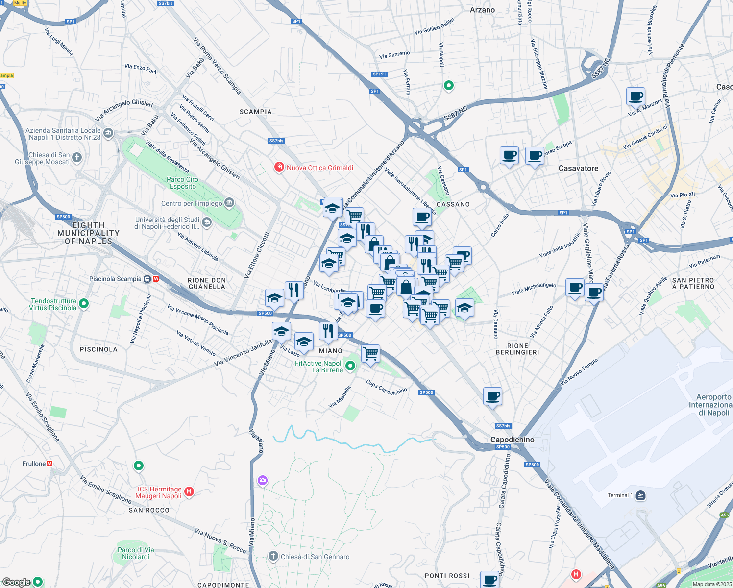 map of restaurants, bars, coffee shops, grocery stores, and more near 10a Via Raffaele Angiulli in Napoli