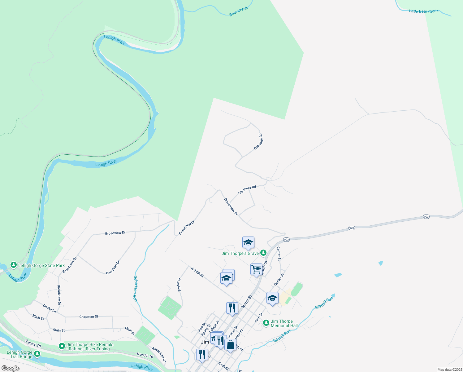 map of restaurants, bars, coffee shops, grocery stores, and more near 921 Old Piney Road in Jim Thorpe