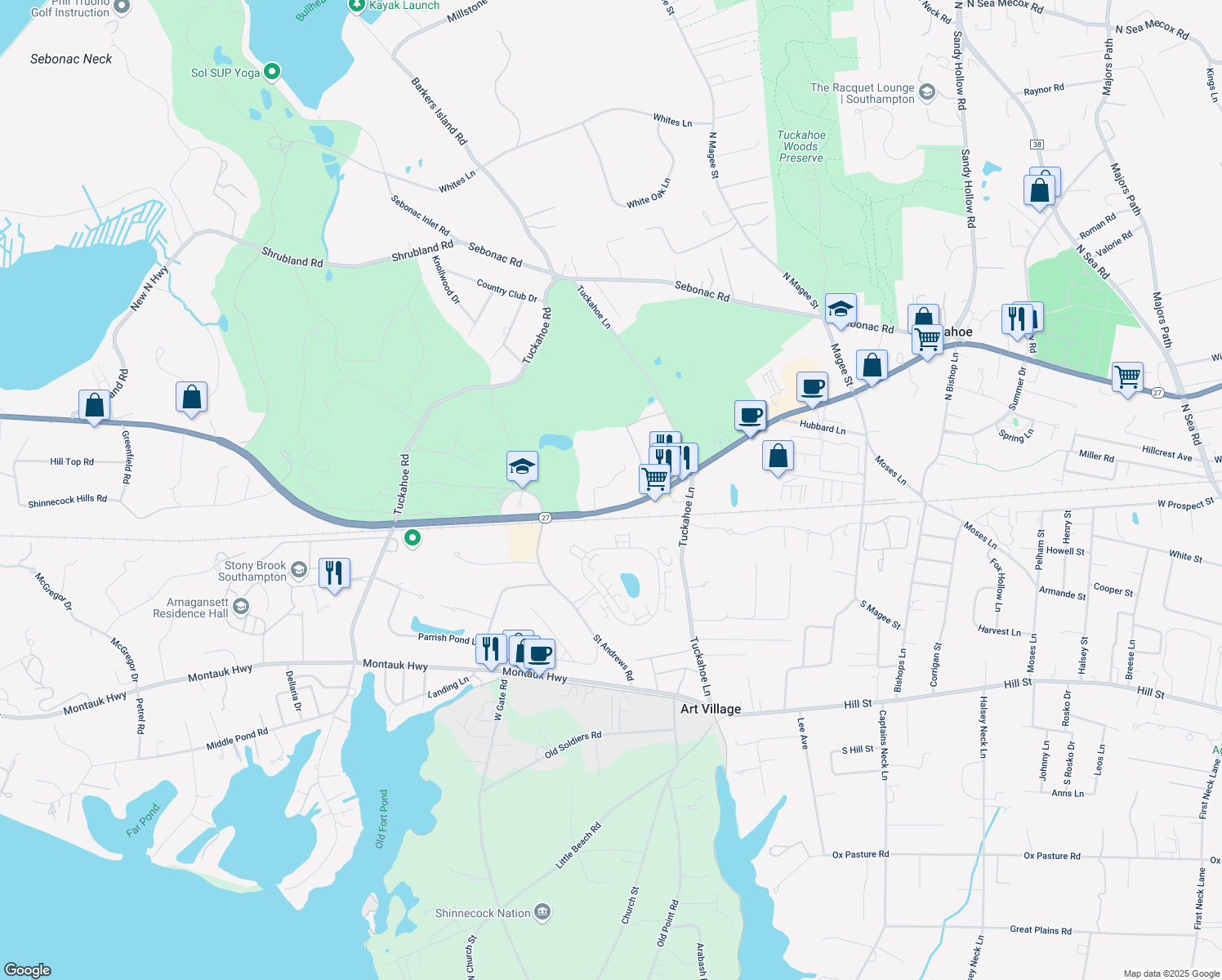 map of restaurants, bars, coffee shops, grocery stores, and more near 901 County Road 39 in Southampton