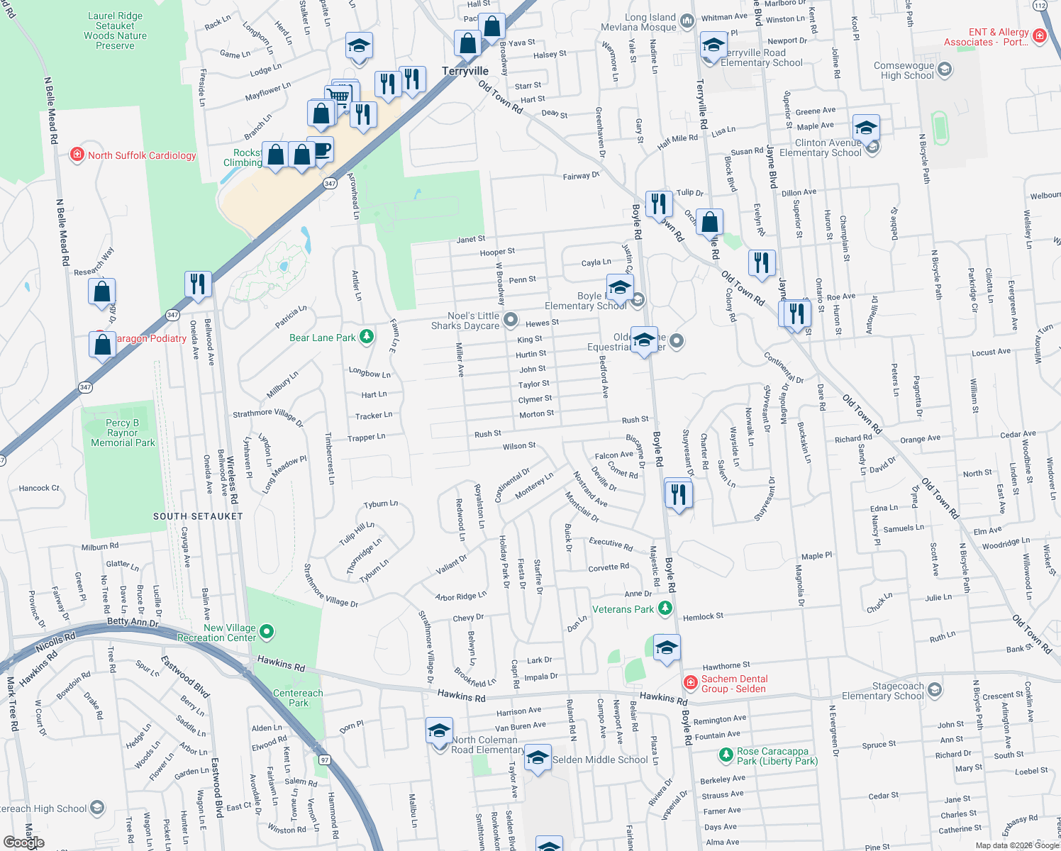 map of restaurants, bars, coffee shops, grocery stores, and more near 43 Rush Street in Port Jefferson Station