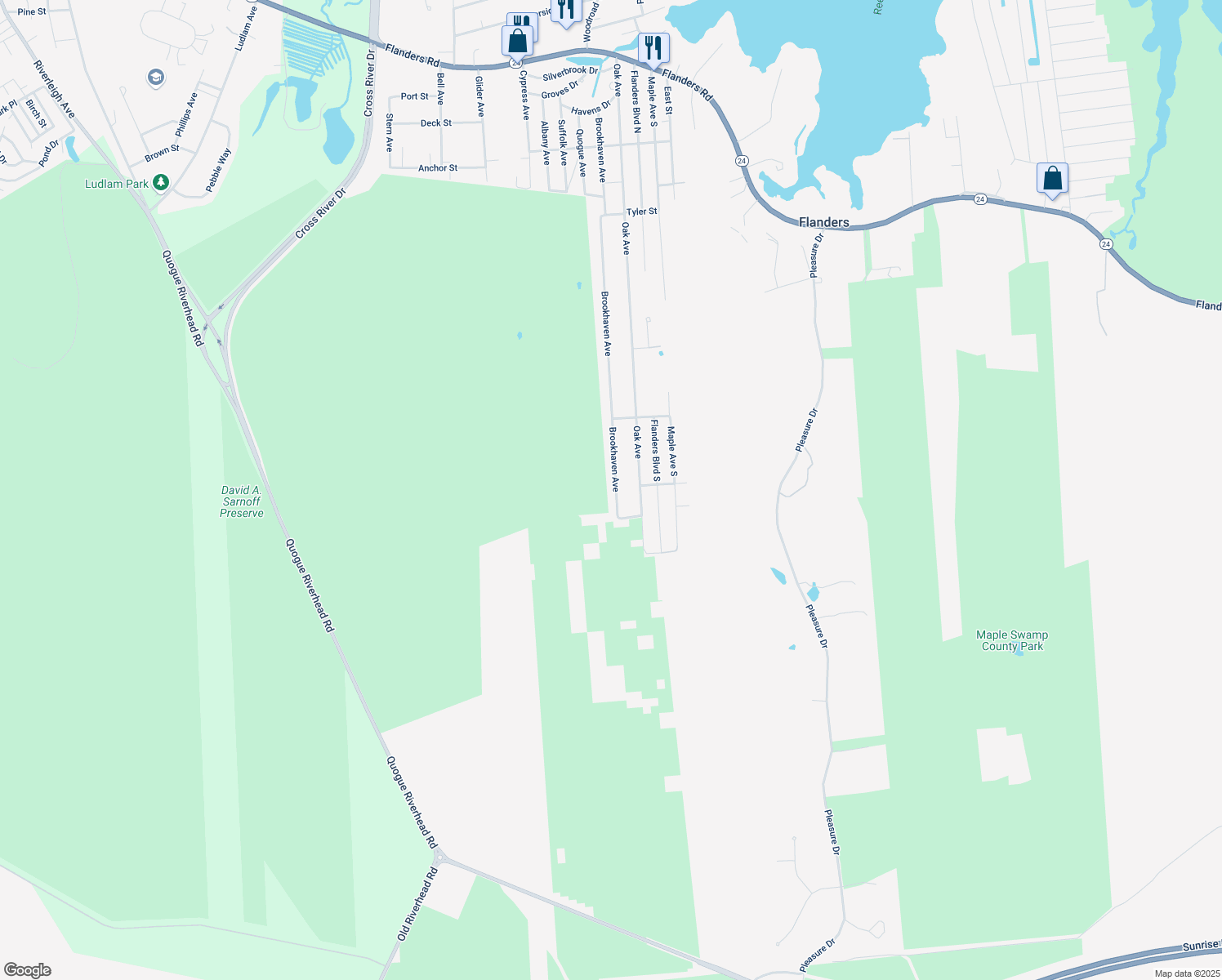 map of restaurants, bars, coffee shops, grocery stores, and more near 467 Brookhaven Avenue in Flanders
