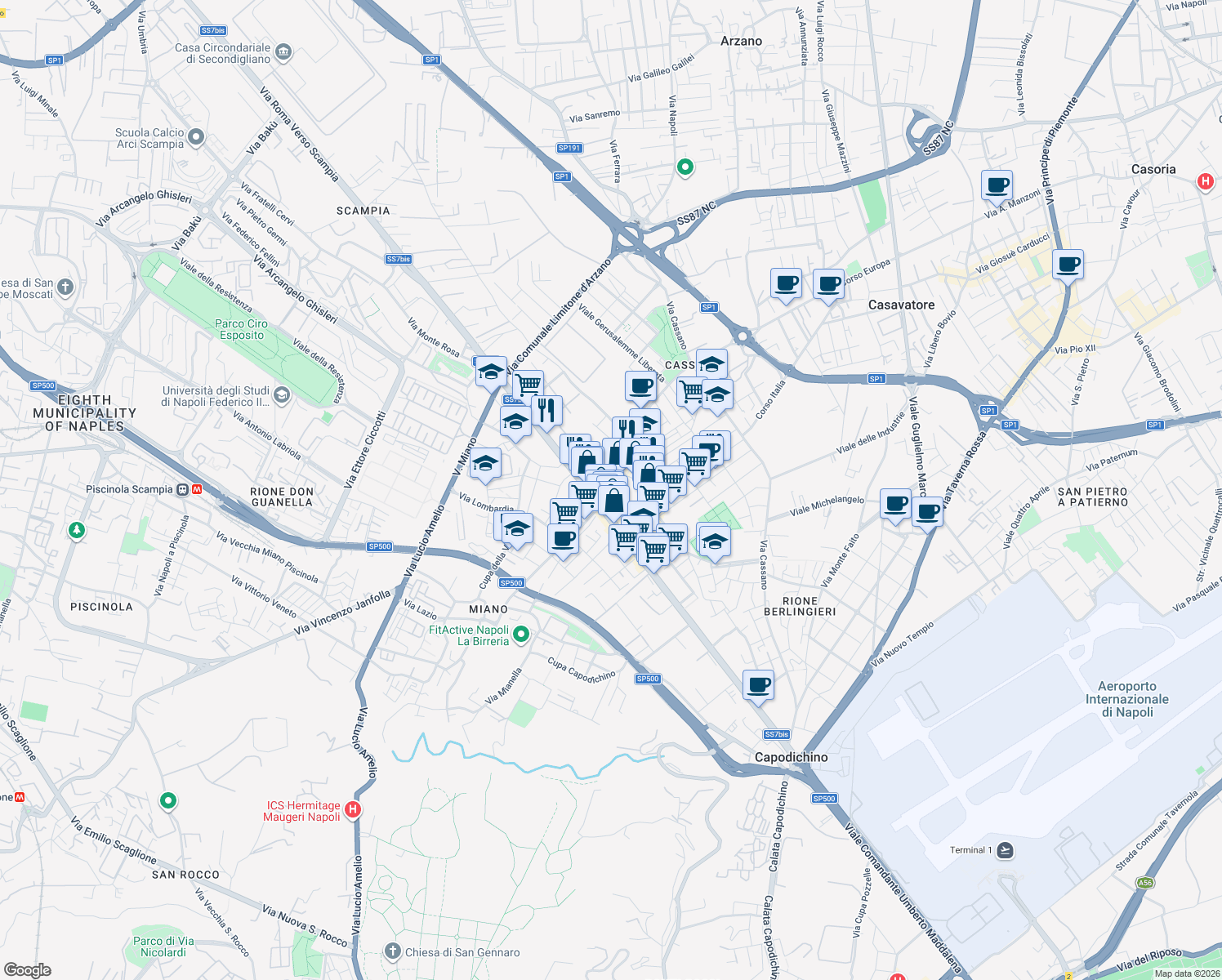 map of restaurants, bars, coffee shops, grocery stores, and more near 27 Via Vittorio Emanuele III a Secondigliano in Naples