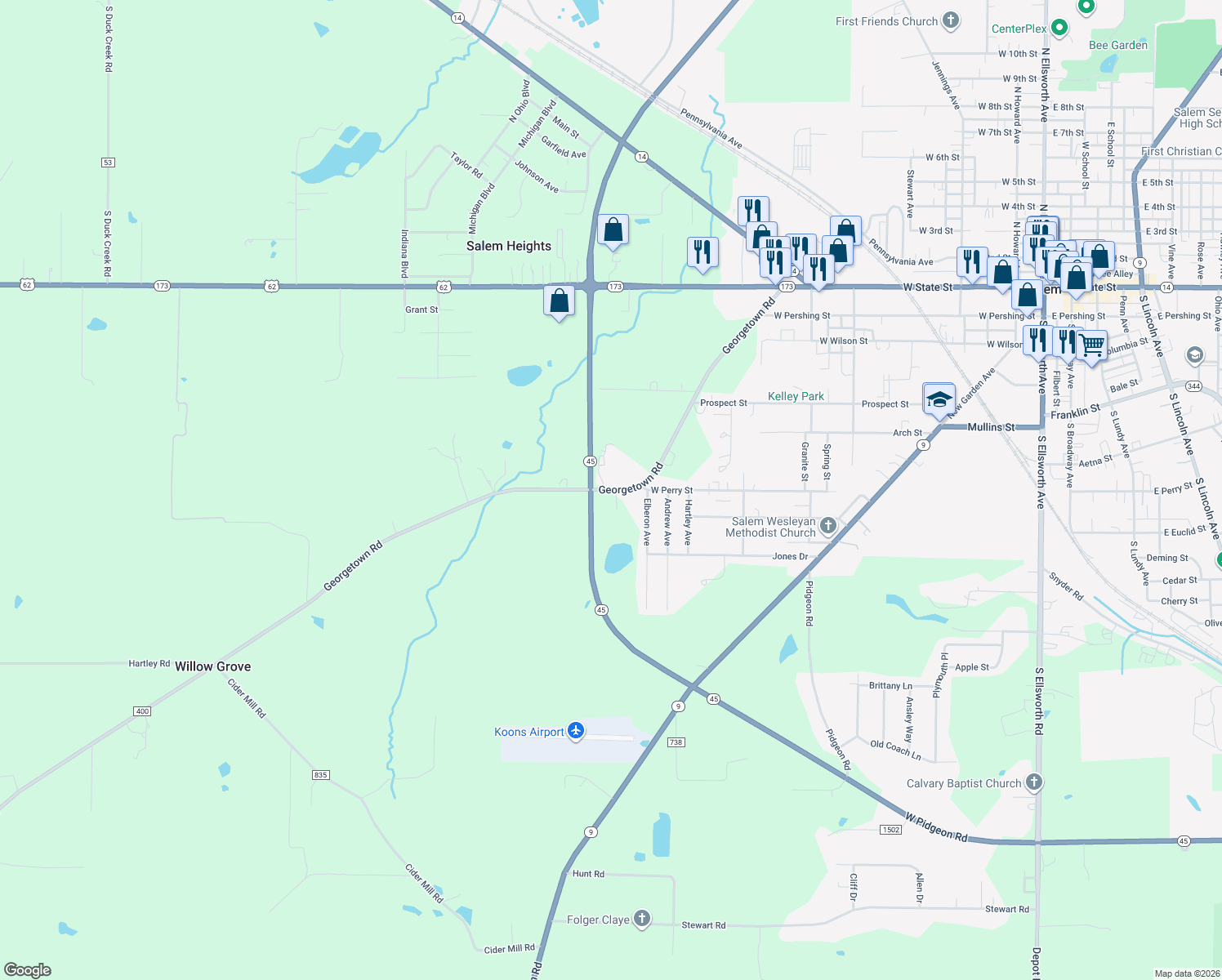 map of restaurants, bars, coffee shops, grocery stores, and more near 858 Georgetown Rd in Salem