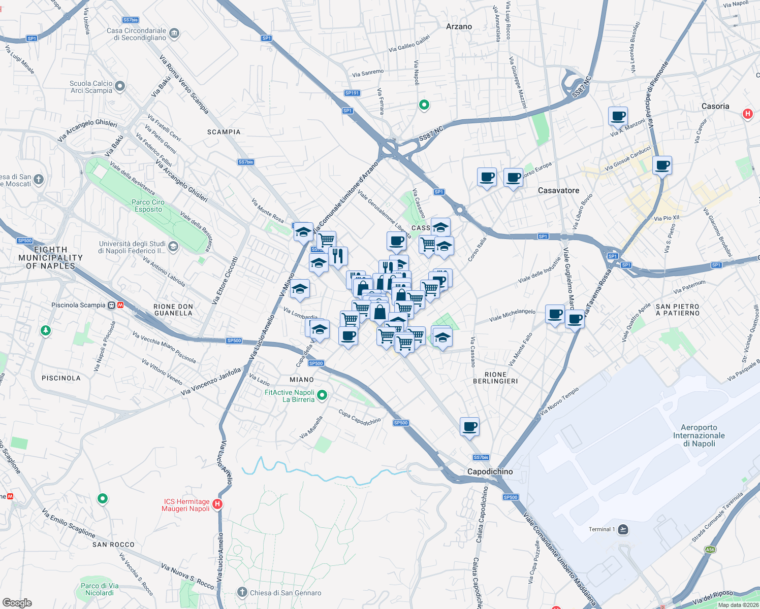 map of restaurants, bars, coffee shops, grocery stores, and more near 27 Via Vittorio Emanuele III a Secondigliano in Naples