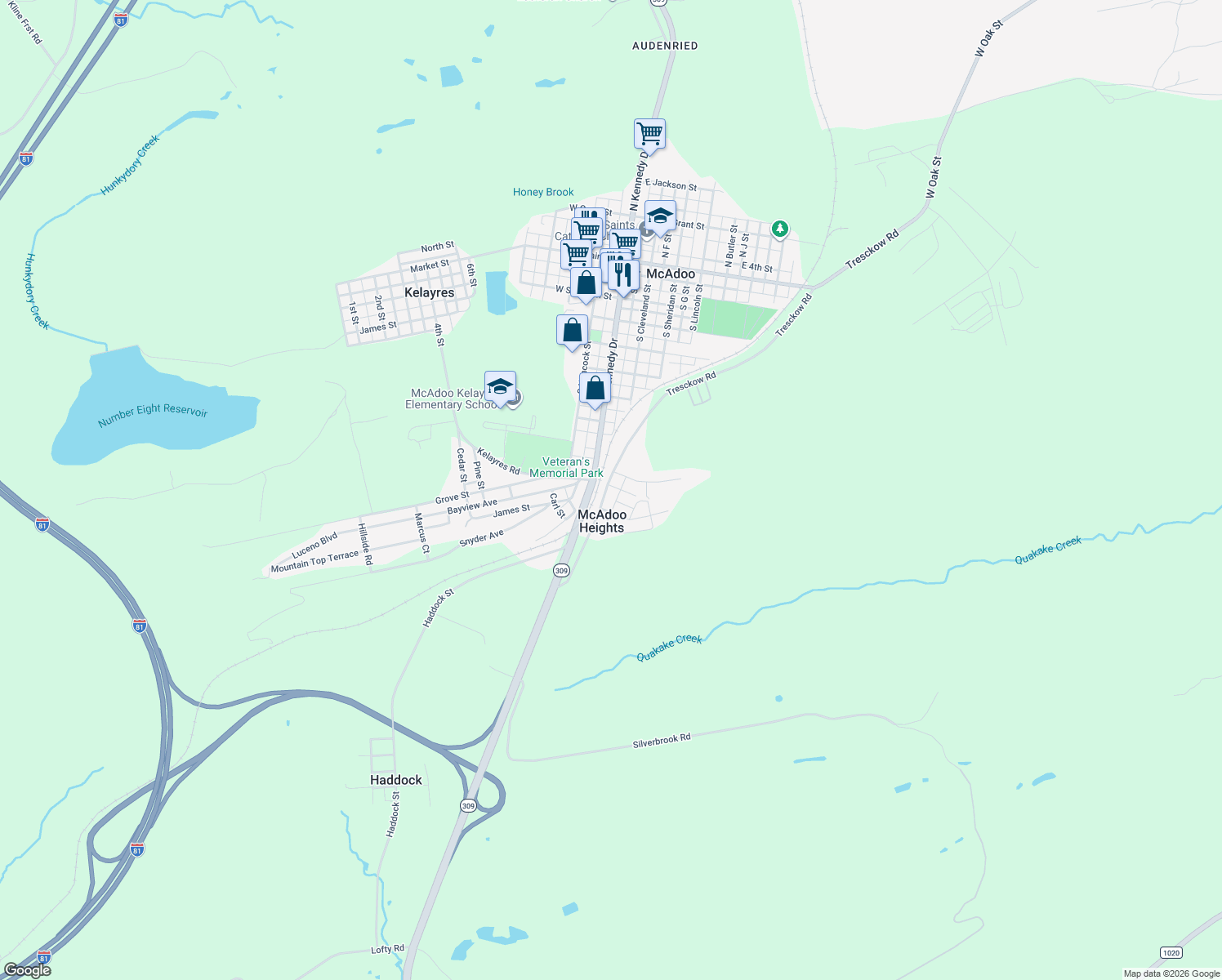 map of restaurants, bars, coffee shops, grocery stores, and more near 123 Tresckow Rd in McAdoo