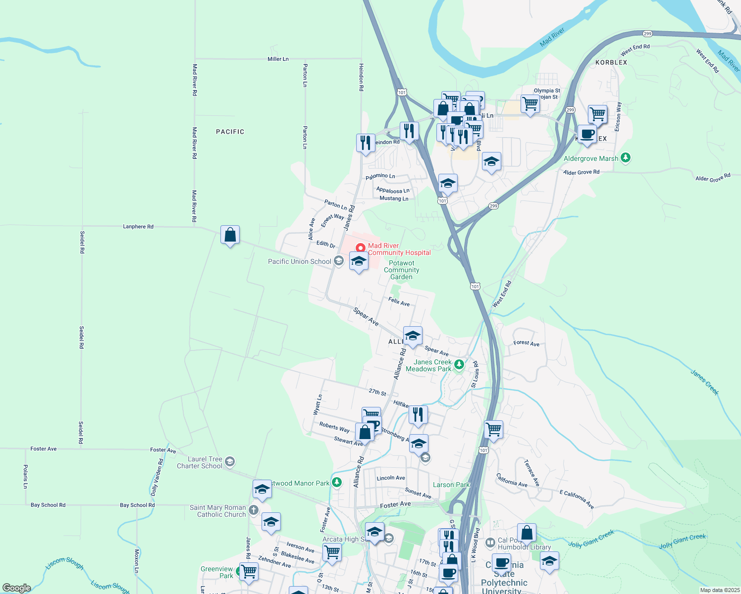 map of restaurants, bars, coffee shops, grocery stores, and more near 1875 Ribeiro Court in Arcata