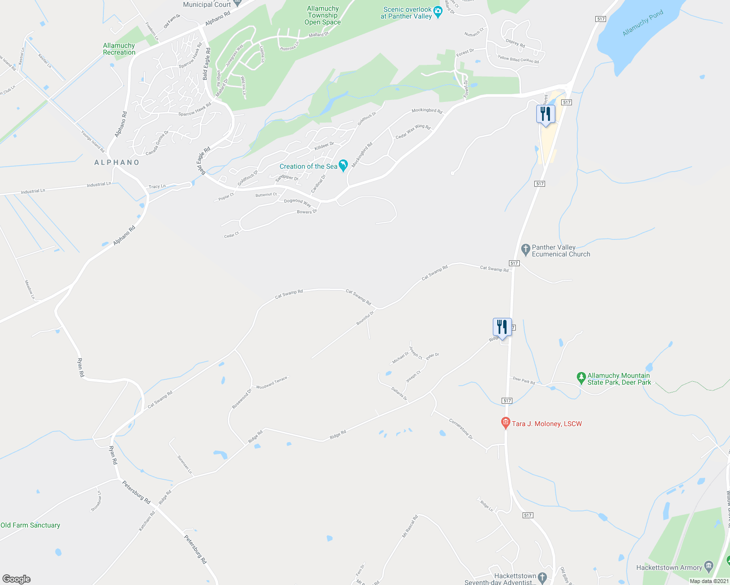 map of restaurants, bars, coffee shops, grocery stores, and more near 83 Cat Swamp Road in Hackettstown