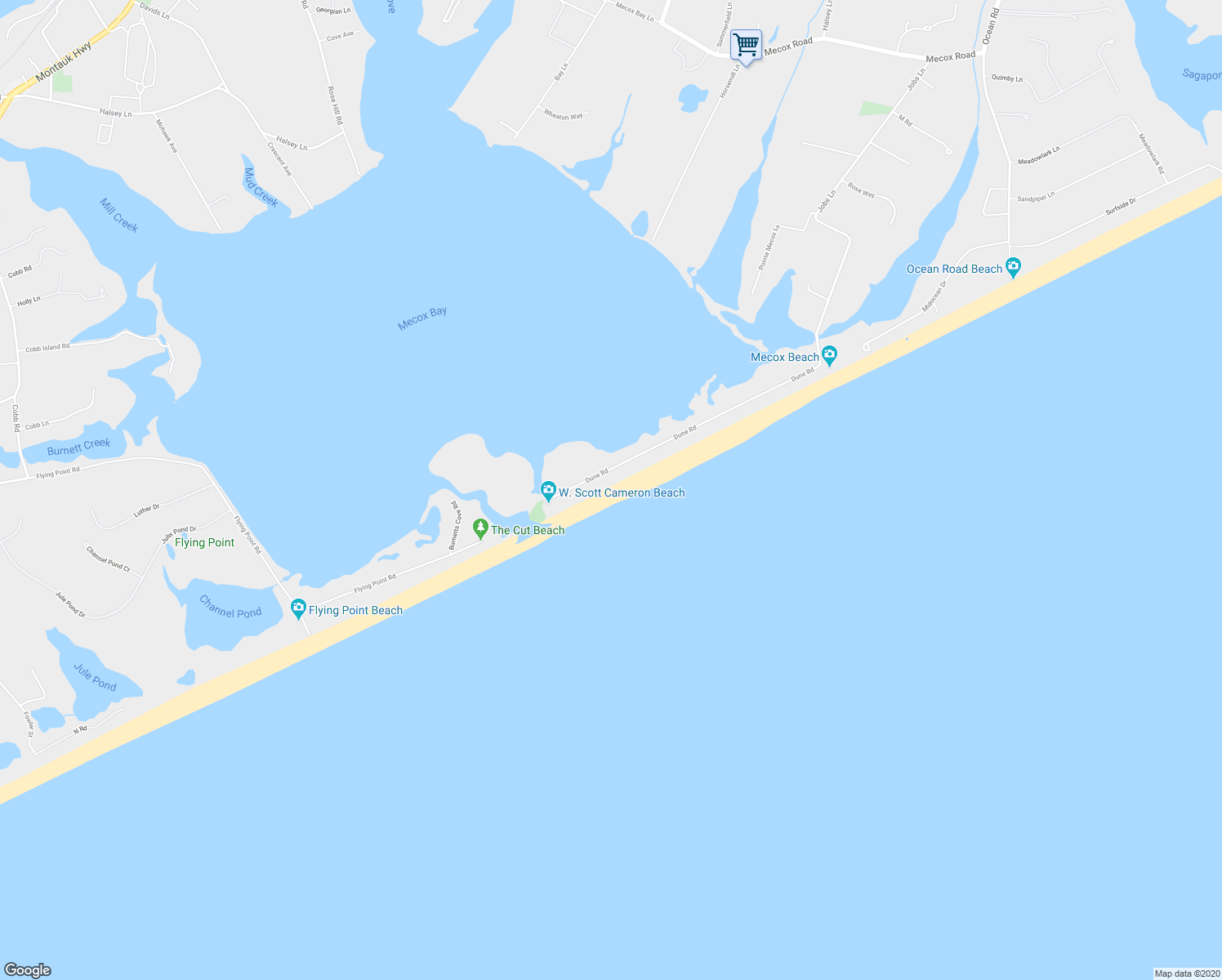 map of restaurants, bars, coffee shops, grocery stores, and more near 361 Dune Road in Water Mill