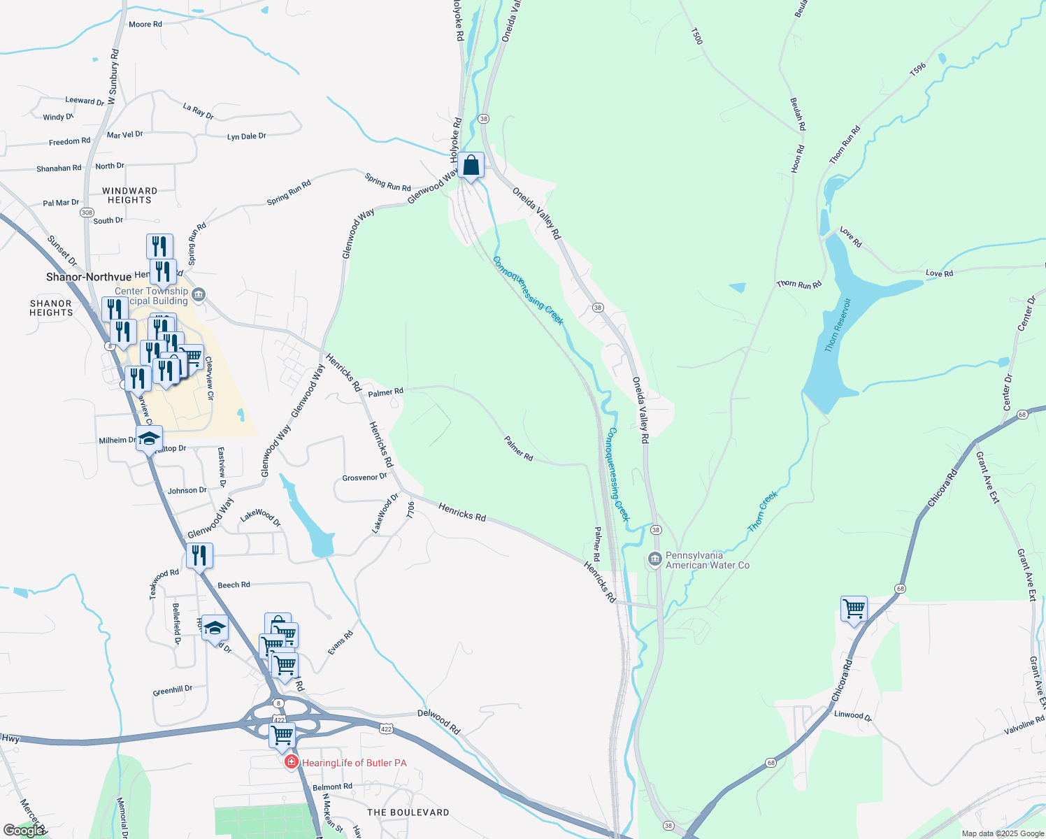 map of restaurants, bars, coffee shops, grocery stores, and more near 365 Palmer Road in Butler