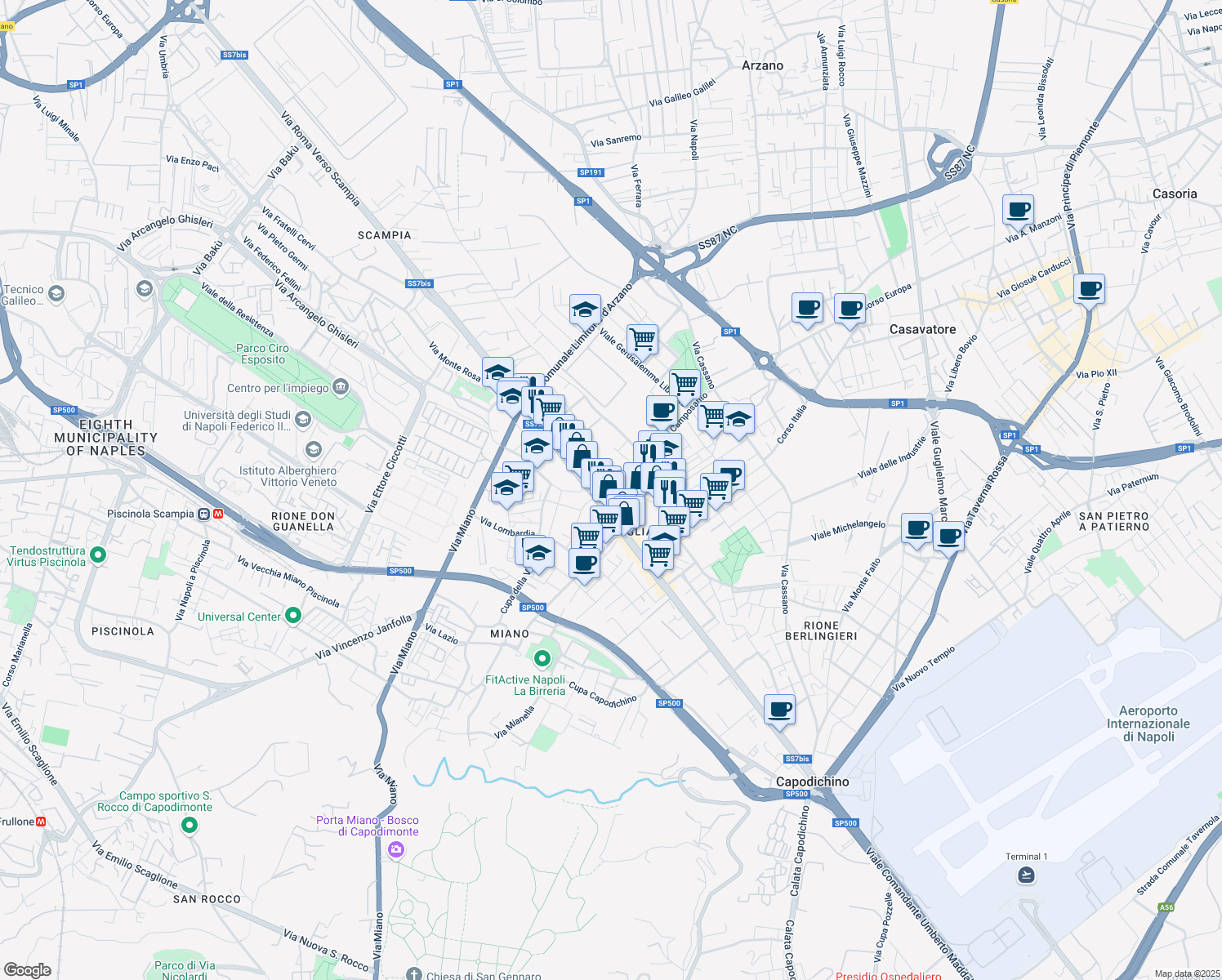 map of restaurants, bars, coffee shops, grocery stores, and more near 23 Via Duca degli Abruzzi in Naples