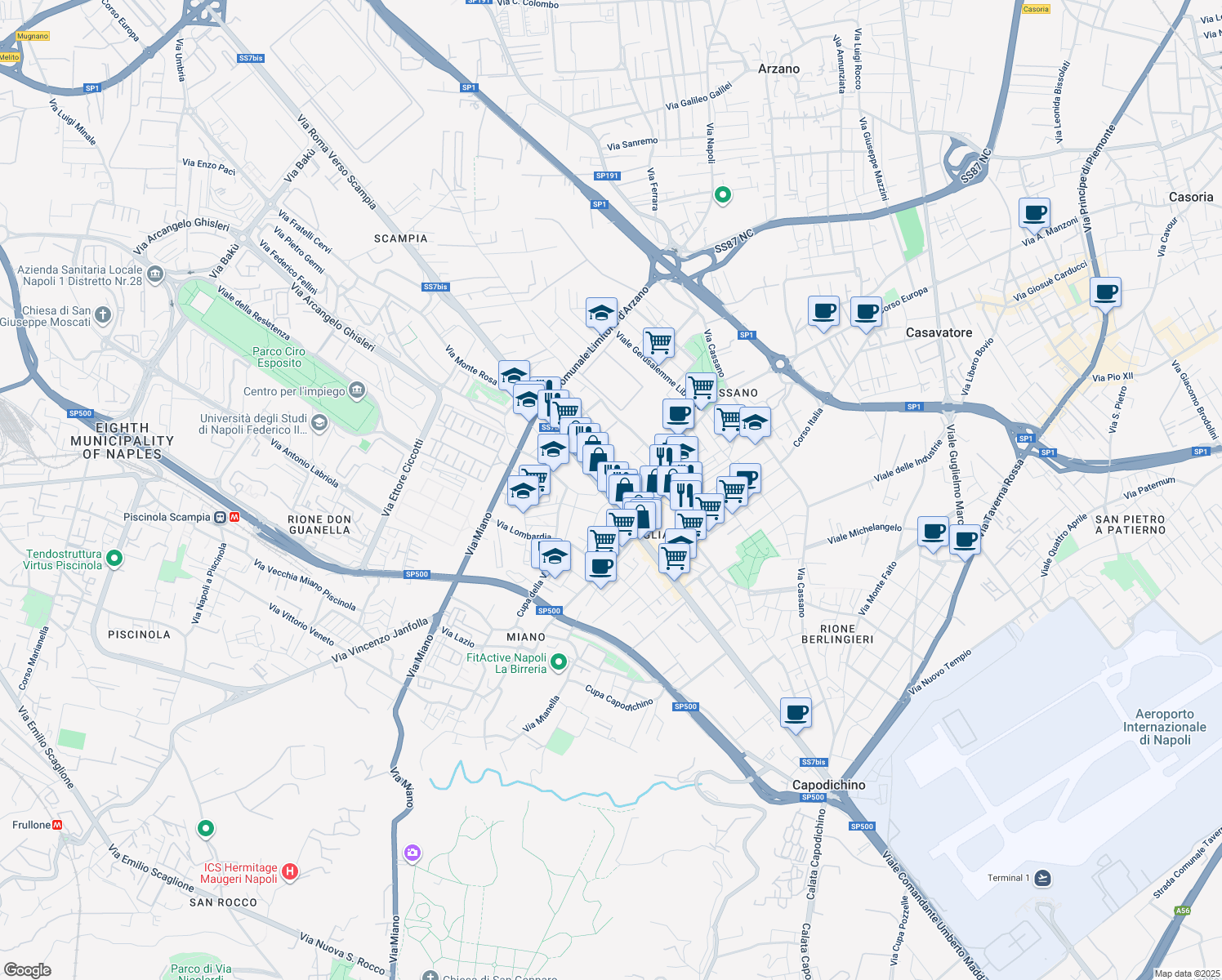 map of restaurants, bars, coffee shops, grocery stores, and more near 23 Via Duca degli Abruzzi in Naples