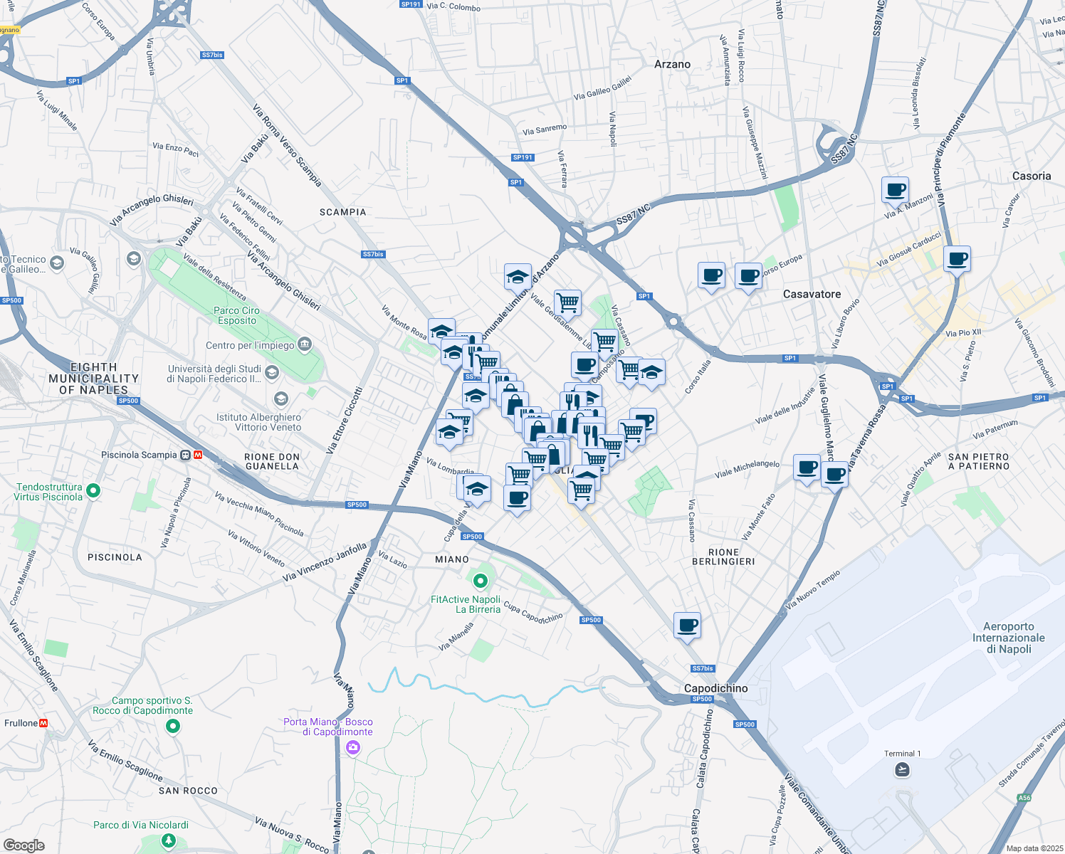 map of restaurants, bars, coffee shops, grocery stores, and more near 23 Via Duca degli Abruzzi in Naples