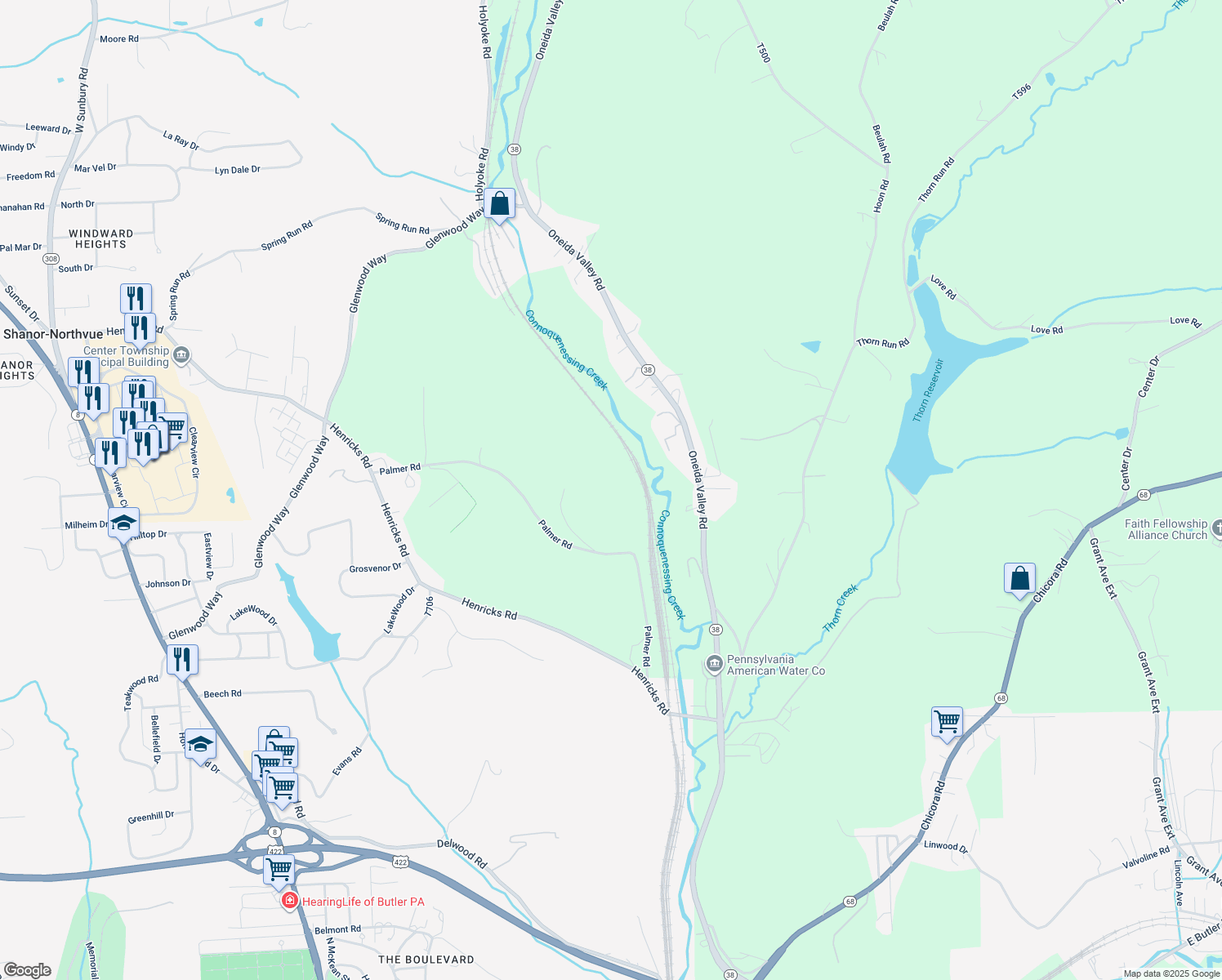 map of restaurants, bars, coffee shops, grocery stores, and more near 365 Palmer Road in Butler