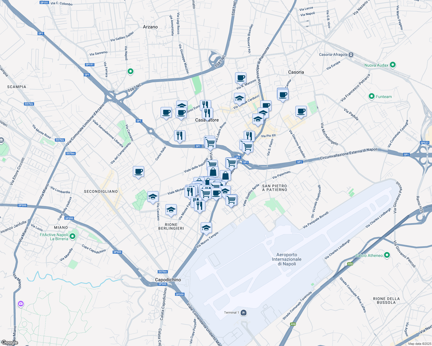 map of restaurants, bars, coffee shops, grocery stores, and more near 207 Viale Guglielmo Marconi in Casavatore