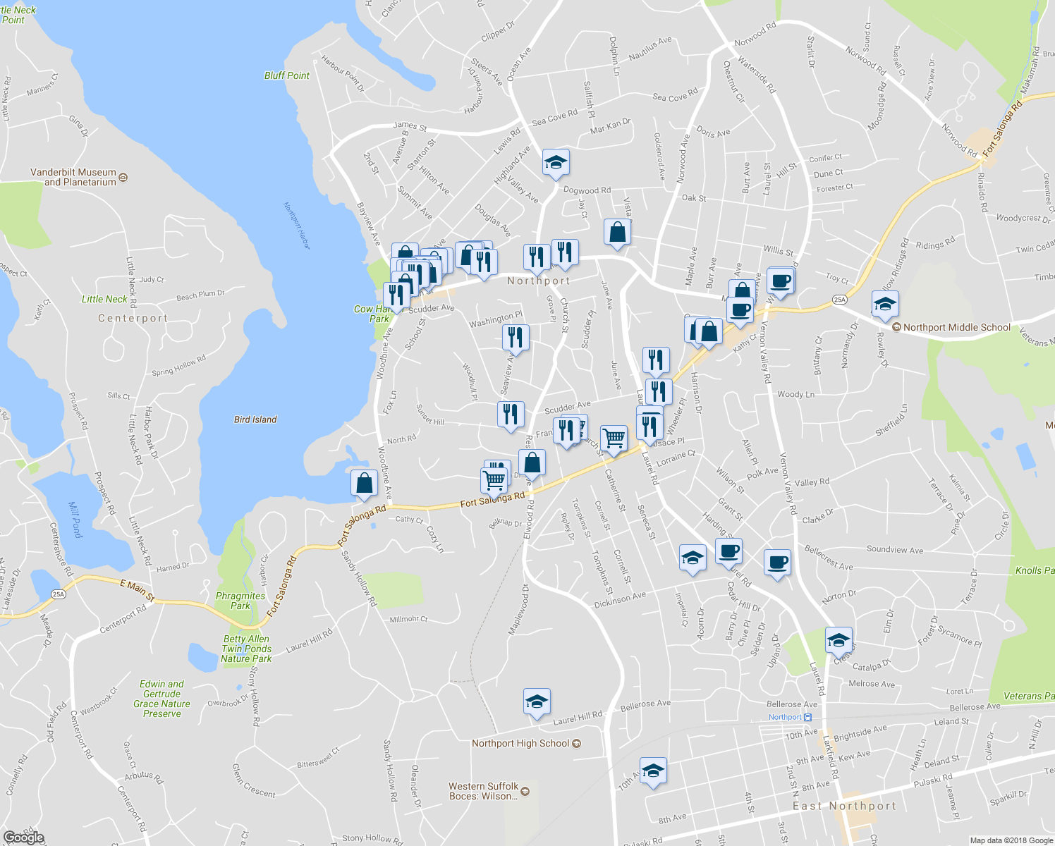 map of restaurants, bars, coffee shops, grocery stores, and more near 77 Reservoir Avenue in Northport