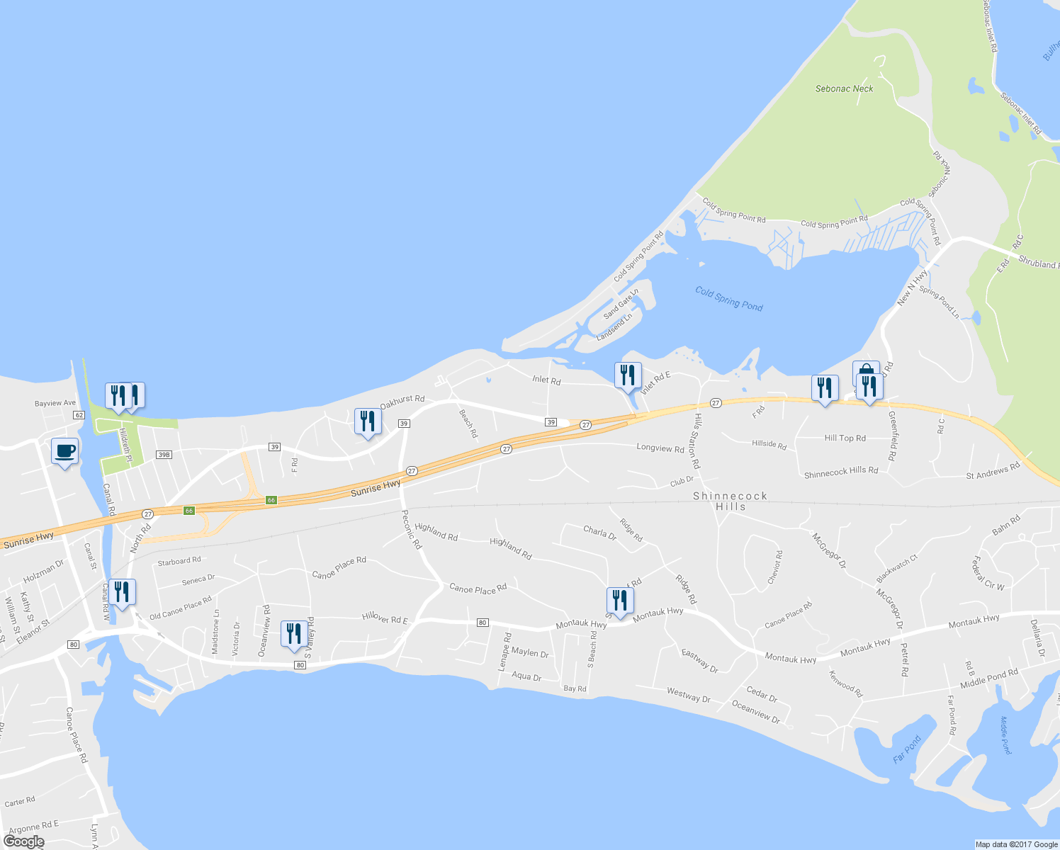 map of restaurants, bars, coffee shops, grocery stores, and more near 148 North Road in Hampton Bays