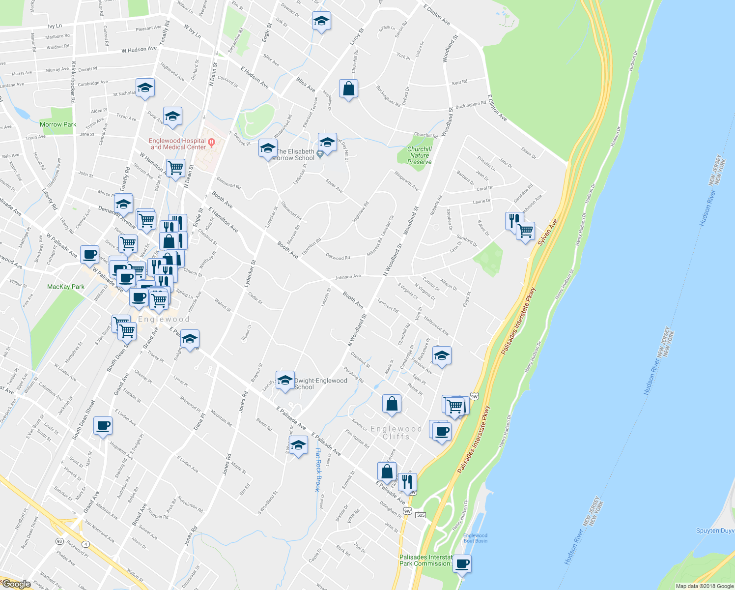 map of restaurants, bars, coffee shops, grocery stores, and more near 280 North Woodland Street in Englewood
