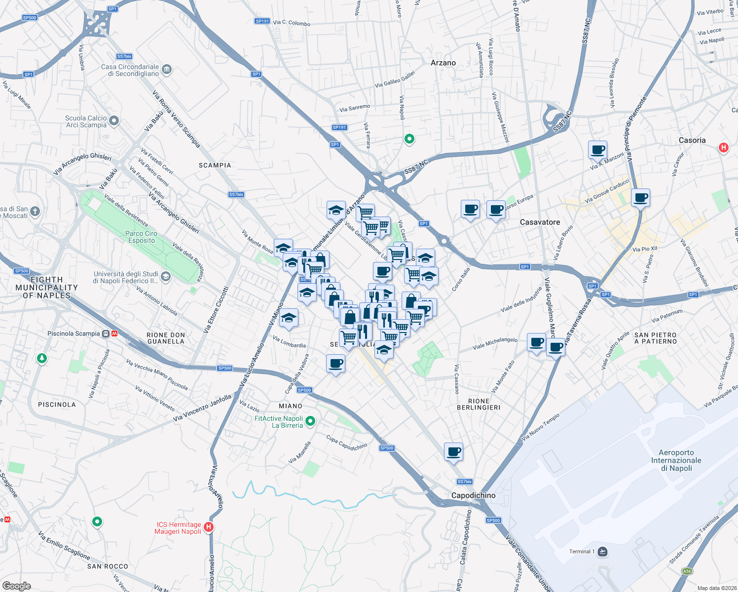 map of restaurants, bars, coffee shops, grocery stores, and more near 24 Strada Comunale Cupa dell'Arco in Napoli