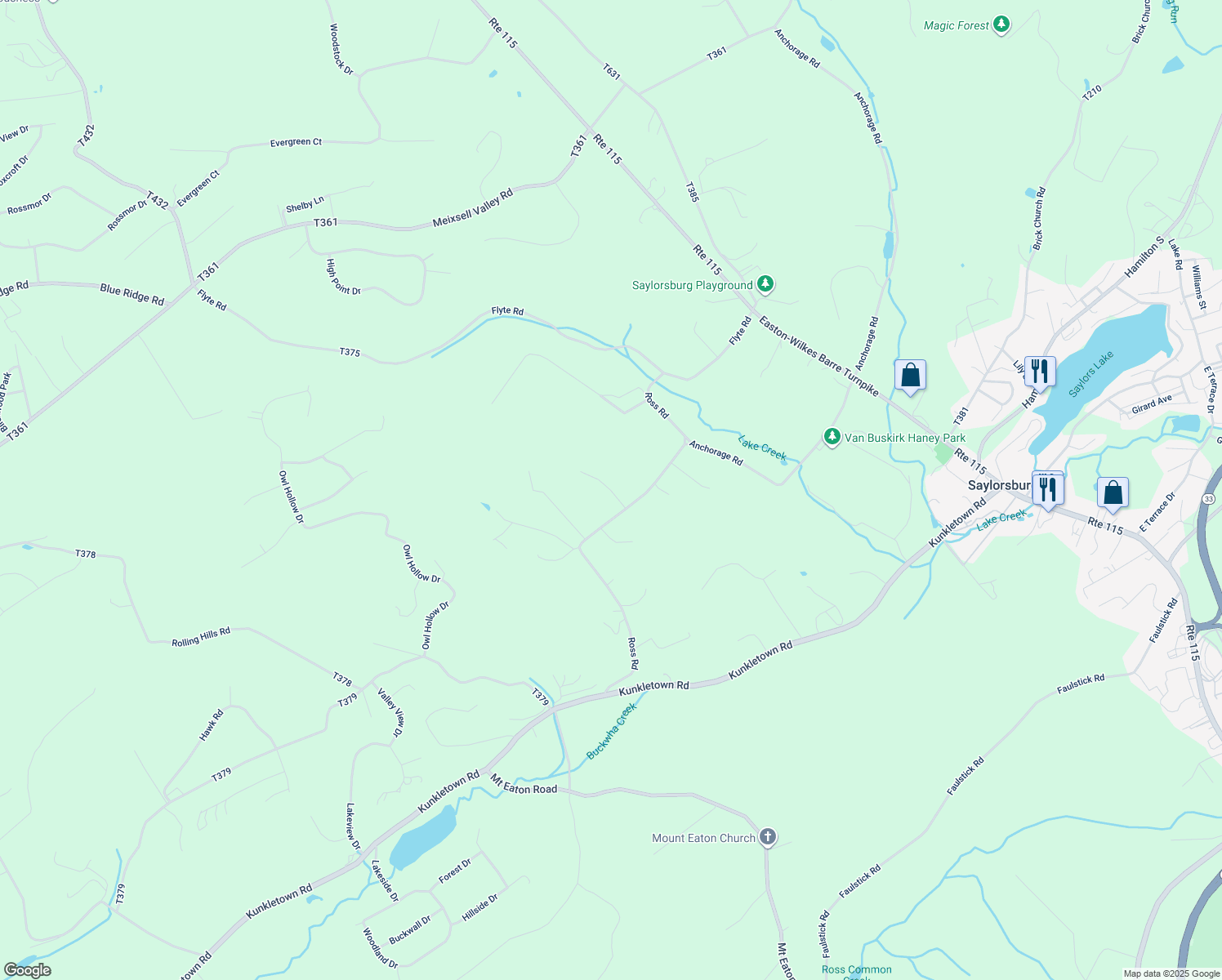 map of restaurants, bars, coffee shops, grocery stores, and more near Vincent Lane in Saylorsburg