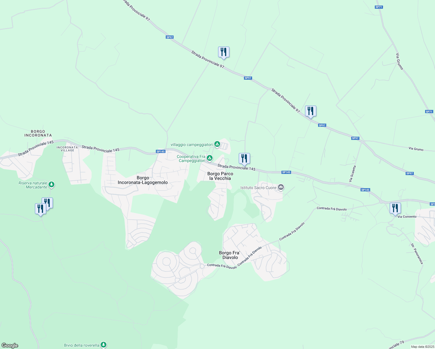 map of restaurants, bars, coffee shops, grocery stores, and more near 1 Contrada Parco La Vecchia in Borgo Parco La Vecchia