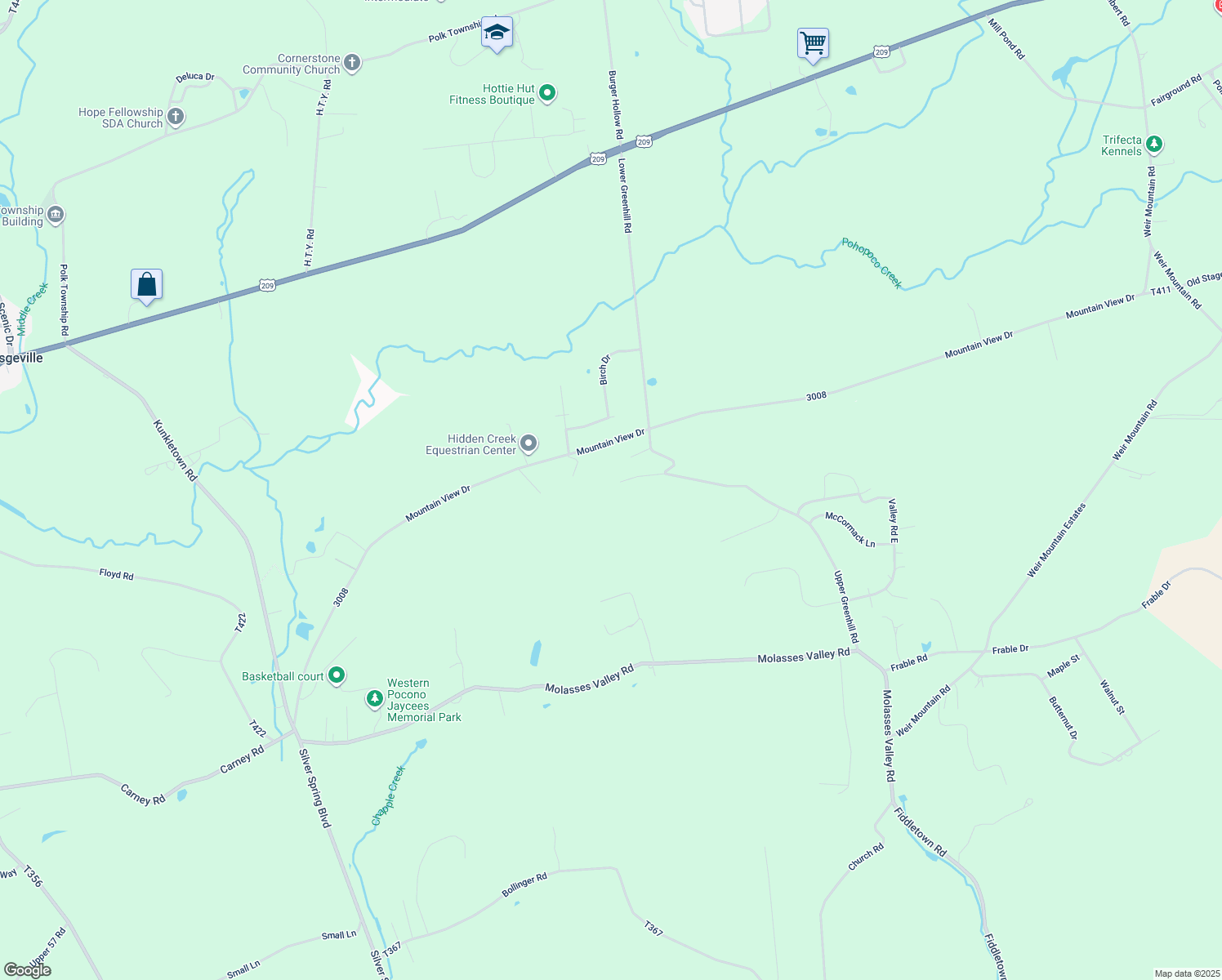 map of restaurants, bars, coffee shops, grocery stores, and more near 275 Upper Greenhill Road in Kunkletown