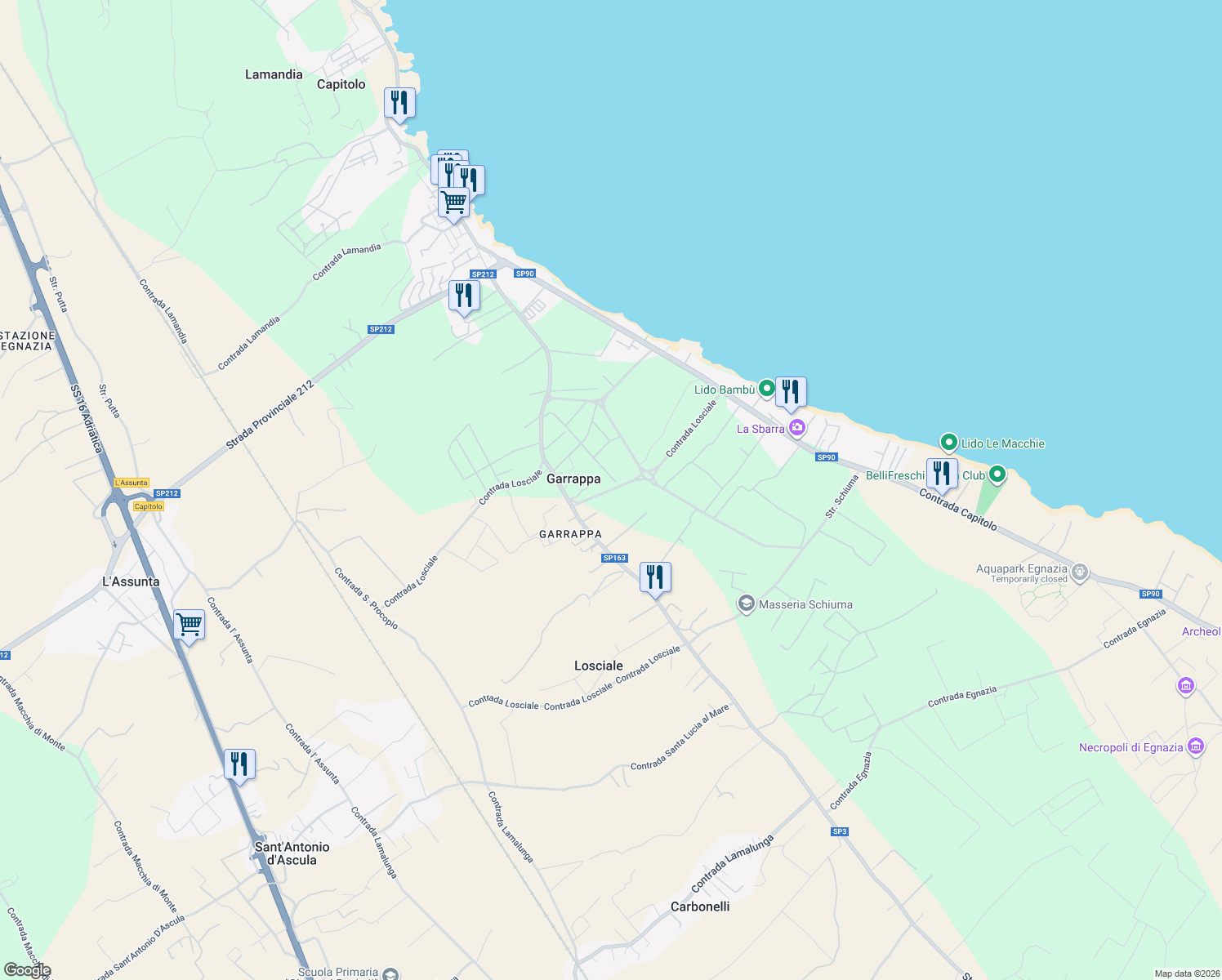 map of restaurants, bars, coffee shops, grocery stores, and more near in Metropolitan City of Bari
