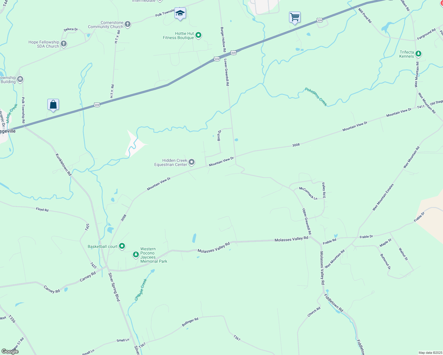 map of restaurants, bars, coffee shops, grocery stores, and more near 275 Upper Greenhill Road in Kunkletown